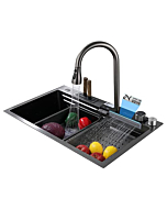 Black Kitchen Sink 304 Stainless Steel Sink Single Bowl Workstation Kitchen Sink with Multifunctional Digital Display Fly Rain Pull-Out Gray Faucet and Sink Accessories, 46 * 75cm