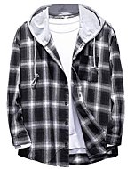 Lavnis Men's Plaid Hooded Shirts Casual Long Sleeve Lightweight Shirt Jackets Black L