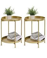 LITA 2 Pcs End Table Metal Round Tray 2-Tier Side Table Small Folding Accent Coffee Table Sofa Side Snack Table Anti-Rust and Waterproof Nightstand for Living Room Bedroom Balcony and Office, Gold