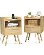 SUPERJARE Nightstands Set of 2, Rattan Nightstands with Charging Station & PE Rattan Decor Drawer, Bed Side Tables with Solid Wood Feet, End Table, Night Stands, for Bedroom, Dorm - Natural