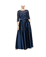 Alex Evenings Women's Satin Ballgown Dress with Pockets (Petite and Regular Sizes), Navy Silver, 4