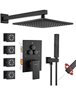 Shower Faucets Sets Complete Matte Black Shower System,Push Button Diverter Shower Faucet with 2 in 1 Handheld,10 Inch Shower Head with 4 PCS Body Jets(Rough-in Valve Body and Trim Included)