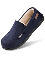 Men's Comfy Suede Memory Foam Moccasin Slippers Warm Sherpa Lining House Shoes with Durable Rubber Sole Navy,11 US