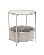 Amazon Basics Round Storage End Table, Side Table with Cloth Basket - White/Heather Gray, 19 x 18 x 18 Inches