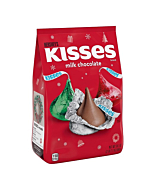 A bag of individually wrapped Hershey's Kisses milk chocolate candies in festive red, green, and silver foils