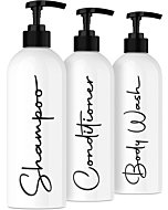 Alora 16oz Refillable Shampoo and Conditioner Dispenser Bottles - Set of 3 - Stylish Labels - Pump Bottle Dispenser for Shampoo, Conditioner, Body Wash - Empty Plastic Refillable Containers for Shower