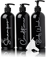 Alora 16oz Refillable Shampoo and Conditioner Dispenser Bottles - Set of 3 - Stylish Labels - Pump Bottle Dispenser for Shampoo, Conditioner, Body Wash - Empty Plastic Refillable Containers for Shower