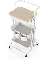 DTK 3 Tier Utility Rolling Cart with Cover Board, Rolling Storage Cart with Handle and Locking Wheels Kitchen Cart with 2 Small Baskets and 4 Hooks for Bathroom Office Balcony Living Room(White)