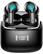 Wireless earbuds with charging case, sleek black design