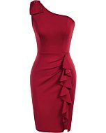 Womens One Shoulder Midi Pencil Dress for Women Formal Ruched Bodycon Dress Wine Red XL