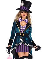 A woman wearing a delightful Mad Hatter Halloween costume, with a tall, colorful hat, a long, flowing dress, and a mischievous smile on her face