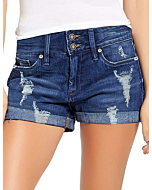 High-waisted, stretchy denim shorts with a folded hem and rips.