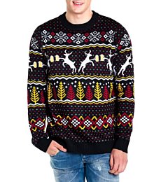 Tipsy Elves Men's Ugly Christmas Sweaters - Funny Christmas Sweaters for Men - Fun Holiday Pullovers - Men's Hilarious Black Deer With Beer Fair Isle Ugly Christmas Sweater Size M