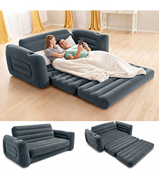 Gray inflatable sofa bed in living room setting.