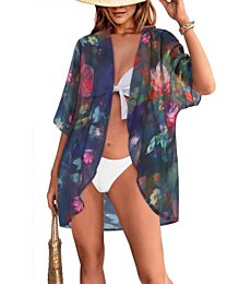 Women's Floral Print Puff Sleeve Kimono Cardigan Loose Cover Up Casual Blouse Tops (Colorful Blue Floral,L)