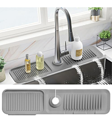 PoYang 24 inch Kitchen Sink Splash Guard, Silicone Draining Mat for Sink, Longer Silicone Faucet Drainer Pad, Sink Protectors for Kitchen Sink Mat, Sponge Holder for Kitchen Sink Accessories, Grey