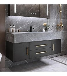 Modern white floating bathroom vanity set with sleek drawers and a spacious stone countertop.