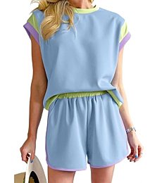 SHEWIN Womens Fashion 2024 Casual 2 Two Piece Sets for Women Summer Casual Crewneck Short Sleeve Tops and Shorts Cozy Tracksuit Lounge Set Sky Blue L