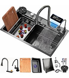 Flying Rain Stainles Steel Waterfall Kitchen Sink w Digital Faucet Black29.5INCH