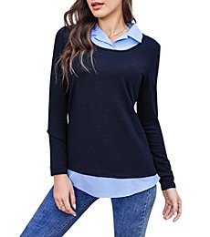 GloryStar Women's Long Sleeve Contrast Collared Shirts Patchwork Work Blouse Tunics Tops Black Navy S