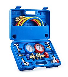 Orion Motor Tech AC Gauges, AC Manifold Gauge Set for R134a R12 R502 Refrigerant, 3 Way Car with 5FT Hoses Couplers & Adapter, Puncturing & Self Sealing Can Tap Freon Charge Kit