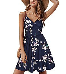 STYLEWORD 2024 Womens Summer Dresses Spring V Neck Sun Spaghetti Strap Petite Sundress Casual Beach with Pocket(Floral01, M)