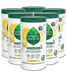 Seventh Generation Multi Surface Wipes All Purpose Cleaning Lemon Zest scent with 100% Essential Oils and Botanical Ingredients 70 count, Pack of 6