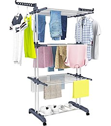 HOMIDEC Clothes Drying Rack, Oversized 4-Tier(67.7" High) Foldable Stainless Steel Movable Drying Rack with 4 castors, 24 Drying Poles & 14 Hooks for Bed Linen, Clothing, Grey