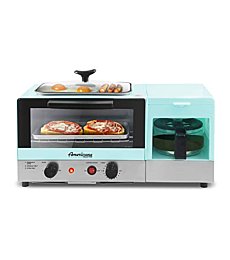 Elite Gourmet Americana 2 Slice, 9.5" Griddle with Glass Lid, 3-in-1 Breakfast Center Station, 4-Cup Coffeemaker, Toaster Oven with 15-Min Timer, Heat Selector Mode, Blue