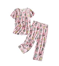 PNAEONG Women’s Pajama Set - Sleepwear Tops with Capri Pants Casual and Fun Prints Pajama Sets SY215-Cup Cats-XL