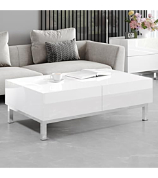 AMERLIFE 40" High Gloss Electroplated Coffee Table, Modern Minimalist Center Table with 2 Magnetic Storage Drawers, Rectangular Simple Cocktail Table for Living Room, Waiting Area, Office, White