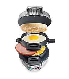 Hamilton Beach Breakfast Sandwich Maker with Egg Cooker Ring, Customize Ingredients, Perfect for English Muffins, Croissants, Mini Waffles, Perfect White Elephant Gifts, Silver (25475)