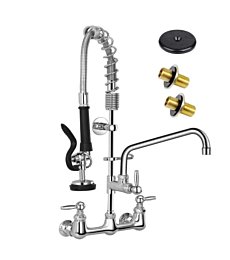 Commercial Faucet with Sprayer 8 Inch Center Wall Mount Commercial Sink Faucet, 26'' Height with Pull Down Pre-Rinse Sprayer & 12" spout, with Thickened Hose for 2-3 Compartment Utility Sink