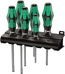 Wera - 5105650001 Kraftform Plus 334/6 Screwdriver Set with Rack and Lasertip, 6-Pieces, Multicolor, Slotted: 6.5x150mm, 3x80mm, 4x100mm, 5.5x125. Phillips: PH1x80, PH2x100