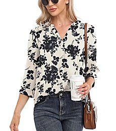 VIISHOW Womens Blouse Loose 3/4 Sleeve Shirts Casual V Neck Work Chiffon Blouses Top Floral White Medium