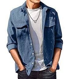 JMIERR Men's Corduroy Button-Down Shirts Casual Long Sleeve Fall Shacket Jacket with Flap Pocket for Men, M, C Blue01