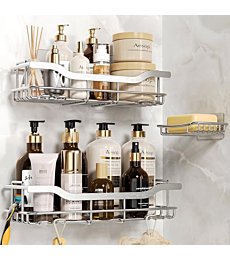 OMAIRA Shower Caddy 3-Pack, Adhesive Shower Organizer with Soap Holder, Rustproof No Drilling Shower Shelves for Inside Shower & Bathroom Organizer, Silver(X-Large)