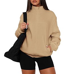 PRETTYGARDEN Women's 2024 Fall Fashion Full Zip Up Sweatshirt Long Sleeve Oversized Fashion Casual Jacket with Pockets (Khaki,Small)