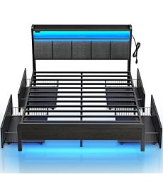 Rolanstar Bed Frame Queen Size with Charging Station and LED Lights, Upholstered Storage Headboard with Drawers, Heavy Duty Metal Slats, No Box Spring Needed, Noise Free, Easy Assembly, Dark Grey