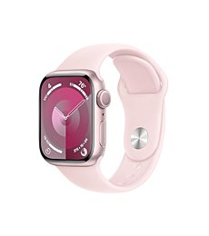 Apple Watch Series 9 Pink Aluminum Case and Light Pink Sport Band on a wrist.