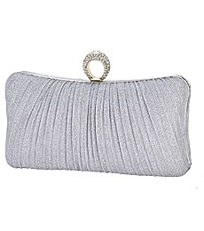 iWISH Womens Silver Glitter Clutch Purse Pleated Evening Bag for Bridal Wedding Party with Rhinestone Ring