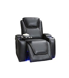 Seatcraft Equinox - Home Theater Seating - Living Room - Top Grain Leather - Power Recline - Powered Headrest and Lumbar Support - Arm Storage - USB Charging - Cup Holders - Single Recliner, Black