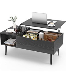 Sweetcrispy Coffee Table Black, Lift Top Coffee Tables for Living Room, Small Rising Wooden Dining Center Tables with Storage Shelf and Hidden Compartment