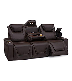 Seatcraft Vienna Home Theater Seating - Living Room - Top Grain Leather - Power Recline - Power Headrest - Powered Lumbar - AC USB Charging - Cup Holders - (Sofa with Fold Down Table, Brown)