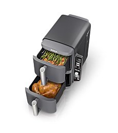 Ninja SL401 DoubleStack XL 2-Basket Air Fryer, DoubleStack Technology Cooks 4 Foods at Once, Compact Design, 10 QT, 6-in-1, Smart Finish & Match Cook, Air Fry, Broil, Bake, Easy Meals, Easy Clean,Grey