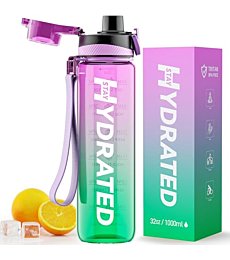 Mevoly Water Bottle, 32oz Motivational Sports Water Bottle with Time Marker-Tritan & BPA Free, Clear Water Bottle No Straw with Time to Drink & Strap, Wide Mouth Leakproof for Women Men Gym Fitness