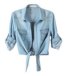 Omoone Women's 3/4 Sleeve Denim Crop Top Tie Knot Shirt Cardigan (0774-Light Blue-M)