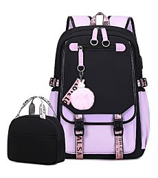 Bevalsa Backpack with Lunch Bag Bookbag Set for Girls Kids Middle High School College Student 21L Casual Daypack Children Schoolbag Bookbag with USB Charging Port (Purple)