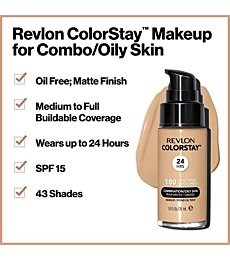 Liquid Foundation by Revlon, ColorStay Face Makeup for Combination & Oily Skin, SPF 15, Longwear Medium-Full Coverage with Matte Finish, Sand Beige (180), 1.0 Oz