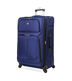 SwissGear Sion Softside Expandable Checked Luggage in a beautiful blue color glides effortlessly on spinner wheels.